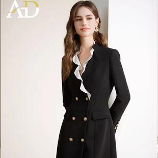 AD西装连衣裙主持艺考2025春夏新款女装荷叶边黑白拼色西服裙子