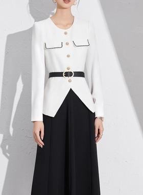 2025夏季新款气质通勤简约白色短袖西装半身裙时尚套装V领女神范