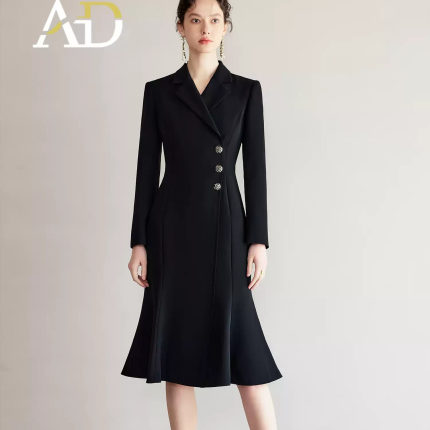 AD黑色鱼尾连衣裙赫本风高级感2025新款女春秋性感裙子西装裙子