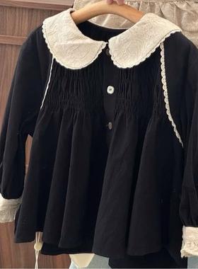 女童秋装童衬衫2024新款中小童黑色娃娃衫领撞色外套森系洋气上衣