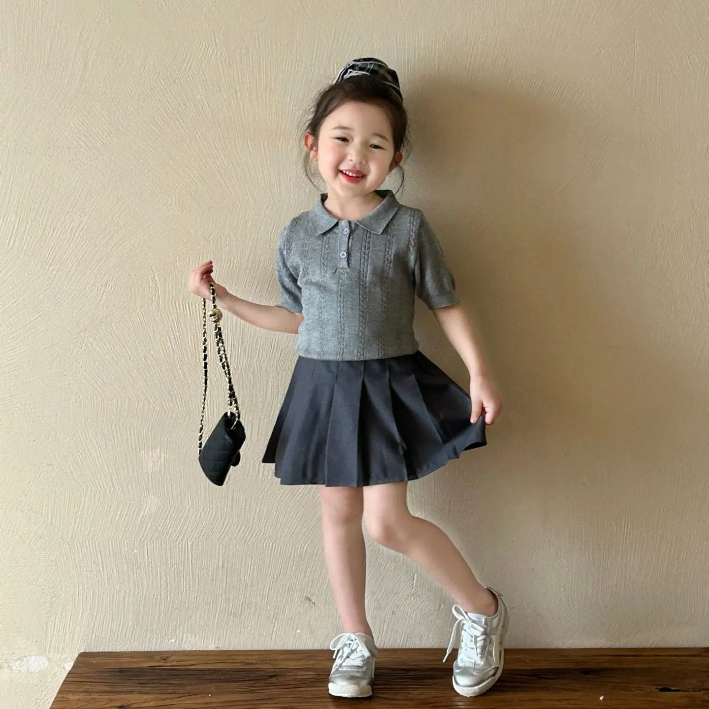 2025夏季新款童装 韩版童装 女童Polo领毛线针织上衣 短袖毛衣 夏