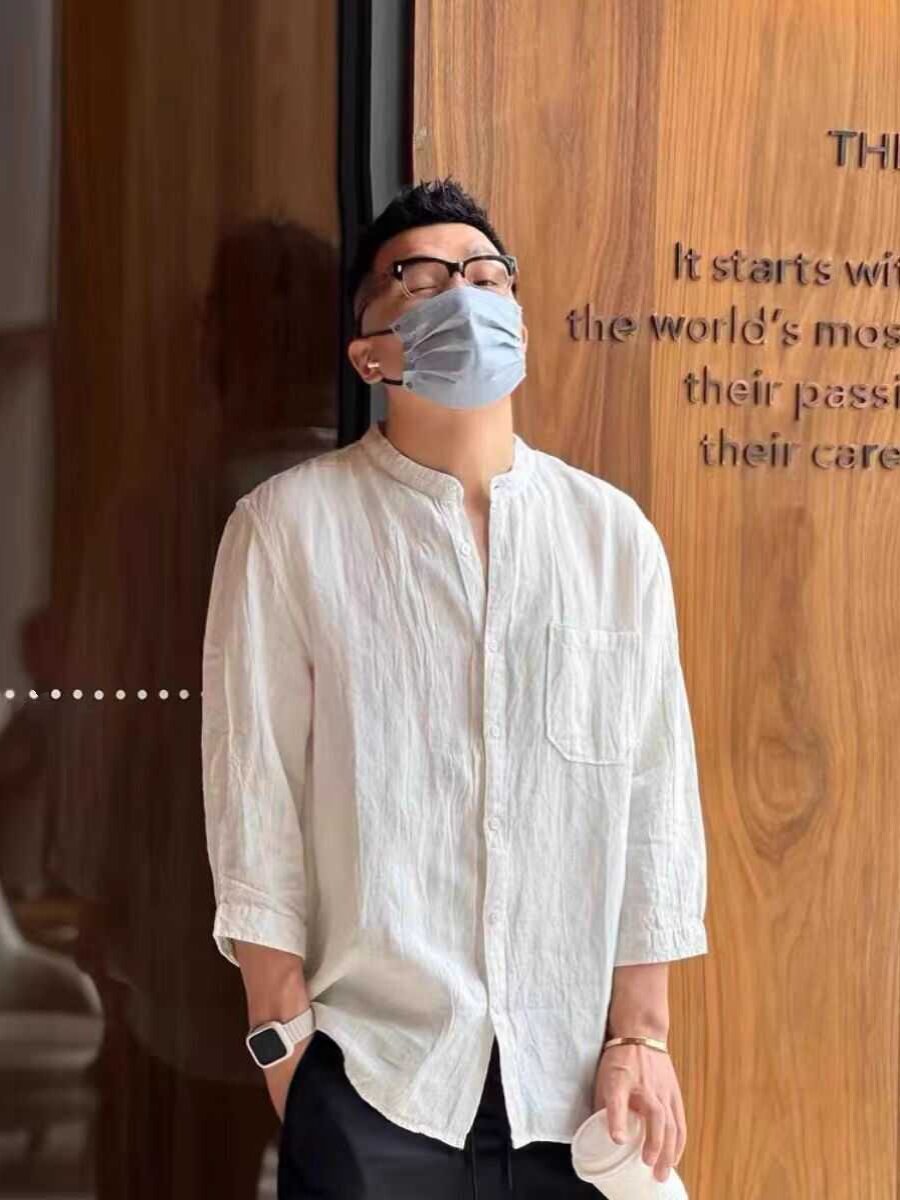 Summer Japanese-style retro casual, cool stand-up collar white shirt for men, trendy and versatile, sun-protective three-quarter sleeve linen shirt thumbnail 3
