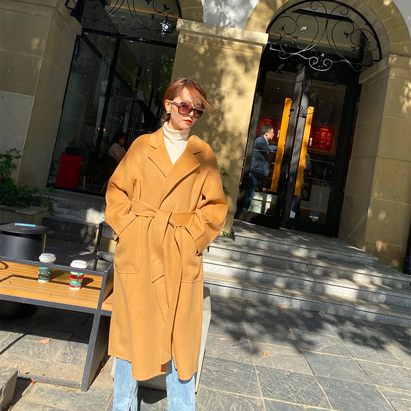 赫本双面澳洲羊毛呢子睡袍式大衣女2020新款双面绒系带收腰中长款