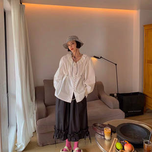 周美美同款显瘦遮肉遮肩宽2021早春花边领喇叭袖衬衫女设计感小众