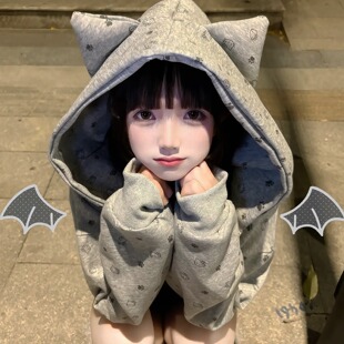 外套 情侣休闲帽衫 宅系萌妹外套美式 复古爪爪猫咪满印连帽开衫