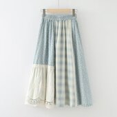 日系软妹森女系复古镂空钩花蕾丝拼接格子碎花半身裙甜美中长裙子