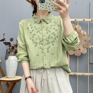 双层棉纱长袖衬衫女森系文艺蝴蝶刺绣柔软亲肤纯棉宽松打底衫上衣