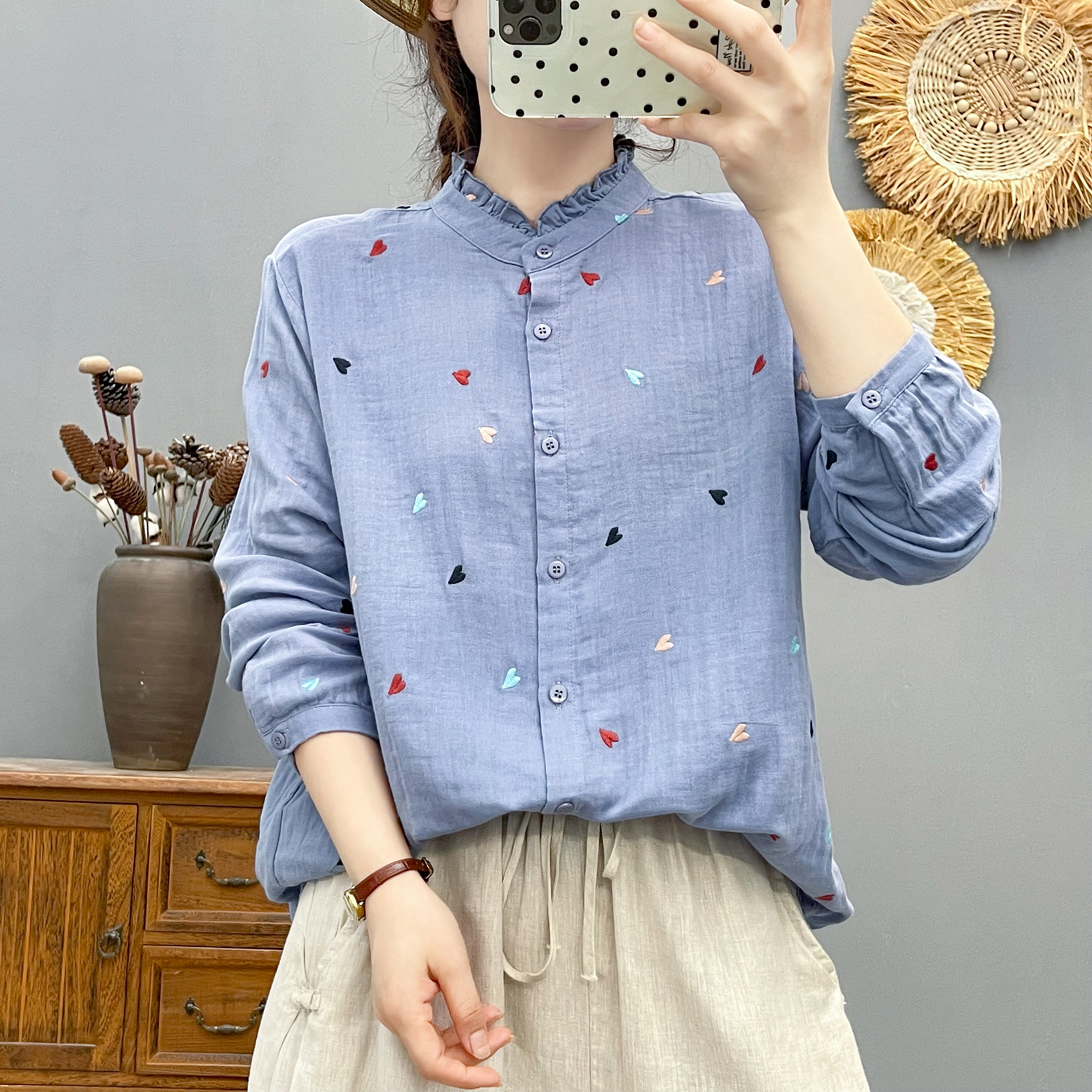 木耳边立领全棉双层棉纱长袖衬衫