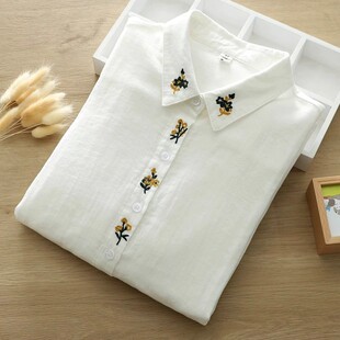 女宽松百搭文艺纯棉柔软衬衣 衬衫 2025春装 双层棉纱刺绣小花长袖