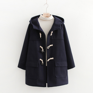 JK牛角扣大衣女秋冬季日系校供感学院风小个子中长款夹棉毛呢外套