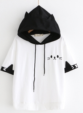 夏季新款女装连帽猫咪印花拼色短袖卫衣宽松少女学生闺蜜装软妹女