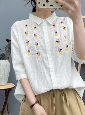 双层棉纱白衬衫女五分袖打底衫
