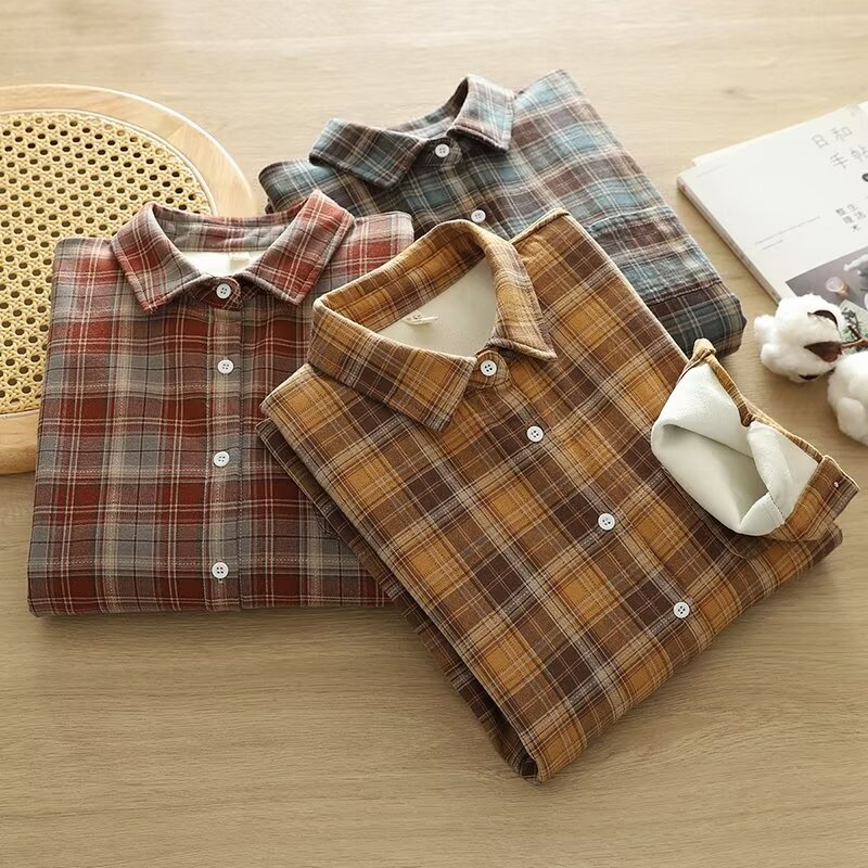 纯棉加绒加厚宽松格子衬衫外套女