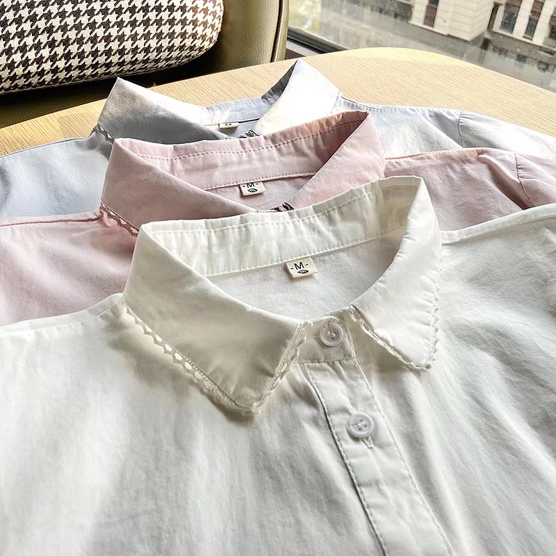 2024春夏季新款韩版白色棉衬衫女长袖学生文艺小清新短袖蕾丝上衣