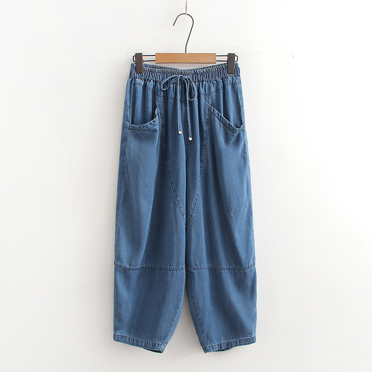 软垂天丝牛仔裤2025夏季松紧系带高腰显瘦薄款哈伦裤百搭九分裤女,女装/女士精品,牛仔裤,淘宝优惠券,粉丝福利购,淘宝优惠卷