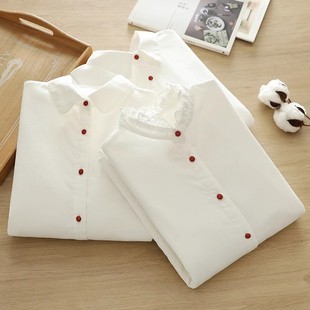 纯棉立领木耳边文艺衬衫 纯色打底百搭减龄叠穿衬衣女 森系加绒长袖