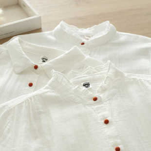 兜圈 纯棉纱棉立领木耳边衬衫纯色打底百搭减龄叠穿白衬衣女甜美