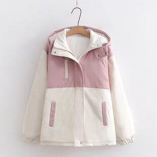 日系软妹学院风复古拼接撞色宽松连帽短款保暖棉服棉衣外套女学生