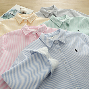 冬季条纹加绒加厚刺绣衬衫女外套长袖时尚休闲百搭宽松保暖衬衣女