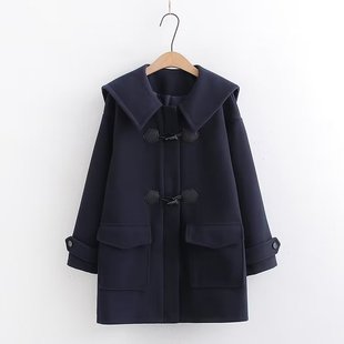 日系jk毛呢衣外套女2025秋冬季 牛角扣小个子连帽呢子大衣学生 新款