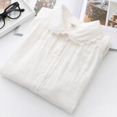 百搭文艺白衬衣 女长袖 春秋季 纯棉双层棉纱日系小清新圆领花边衬衫