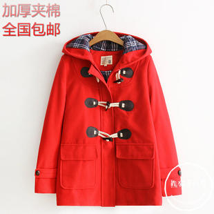 流百搭纯色牛角扣修身 毛呢外套 时尚 女装 连帽毛呢大衣女 秋冬新款