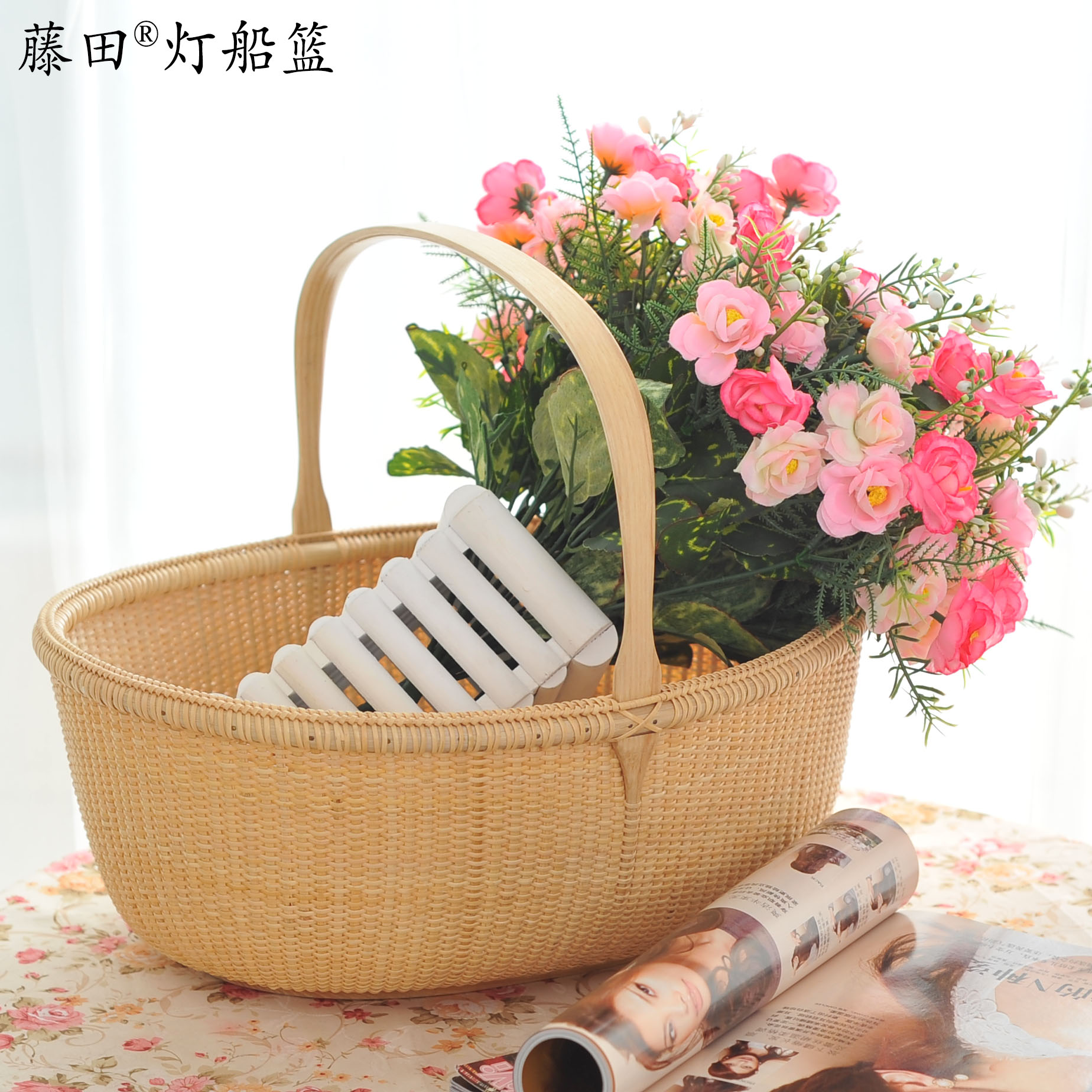 藤编收纳篮提手菜篮子家居收纳筐购物篮手工编织创意时尚水果篮