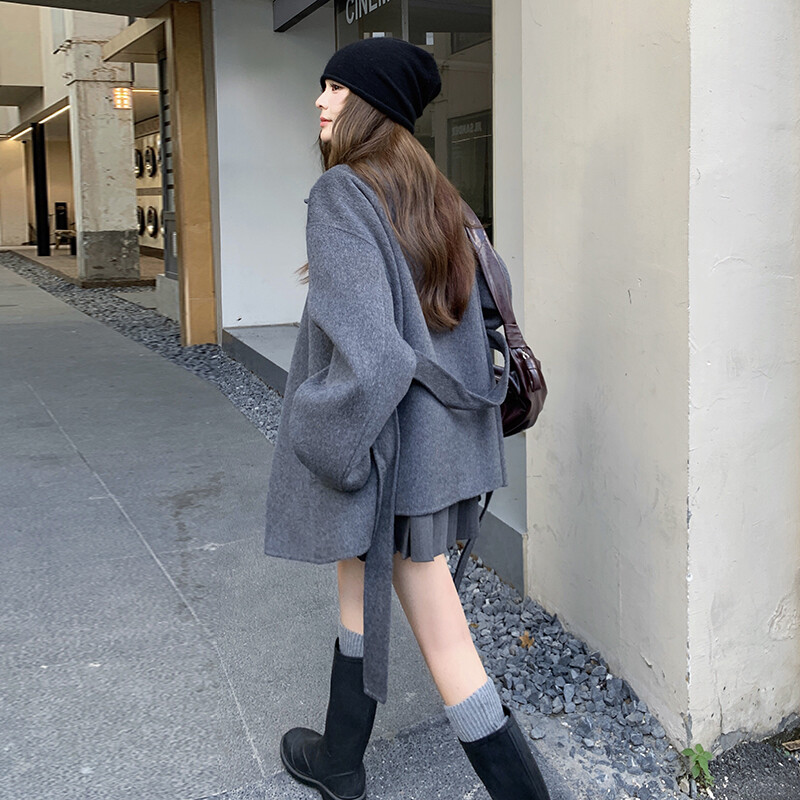 2025新款灰色羊绒大衣女中长款系带收腰高级感气质毛呢外套