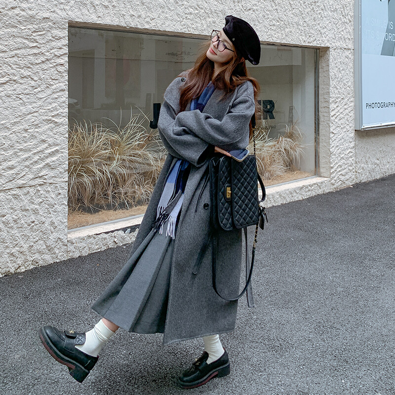 韩系学院风灰色羊绒大衣女2025秋冬新款长款高级感外套
