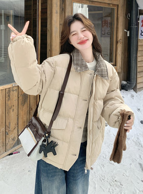 现货！现货！现货！格纹拼接卡其短款羽绒服2C212-G203-P255-K388