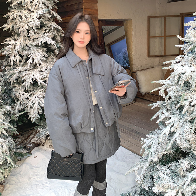 格雷系翻领羽绒服套装女2025冬季新款小个子保暖两件套