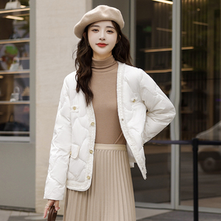 小香风轻薄羽绒服女中长款白鸭绒保暖外套气质淑女风卡其色