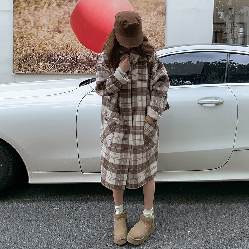 复古格纹羊绒大衣女中长款秋冬双面呢外套学院风