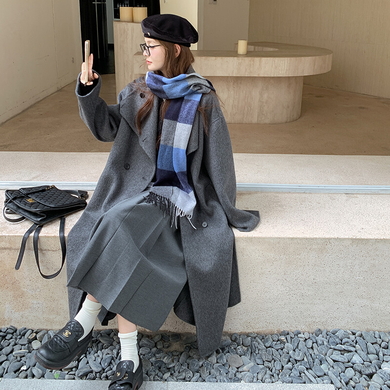 灰色双面羊绒大衣女2025新款韩系高级感中长款毛呢外套