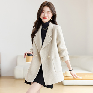 极简风羊毛呢外套女中长款双排扣显瘦高级感韩版大衣