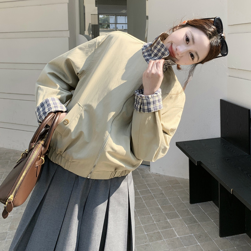 韩系格纹拼接翻领短外套女春季百搭显瘦小个子夹克上衣