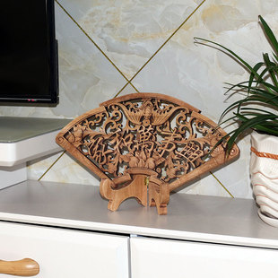 天然香樟木镂空雕刻元宝形本色板画小摆件 扇形福字工艺礼品包邮