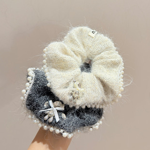 韩国秋冬精致珍珠闪钻小熊毛线针织大肠发圈时尚松弛感头绳发绳女