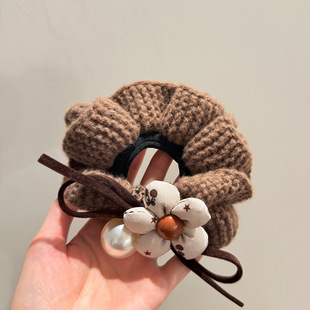 韩国网红个性毛线编织珍珠花朵大肠发圈时尚百搭秋冬发绳头绳发饰