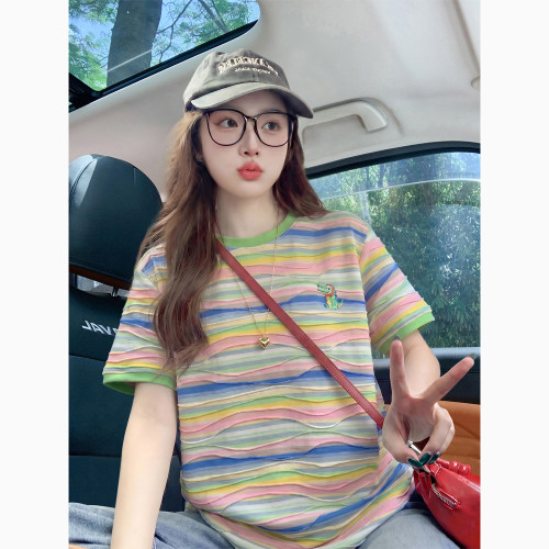 彩色条纹短袖t恤女夏季2026新款复古减龄设计感多巴胺穿搭上衣女