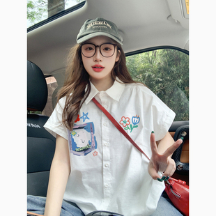 2025新款白色正肩短袖衬衫女夏季宽松慵懒风潮牌减龄情侣衬衣上衣