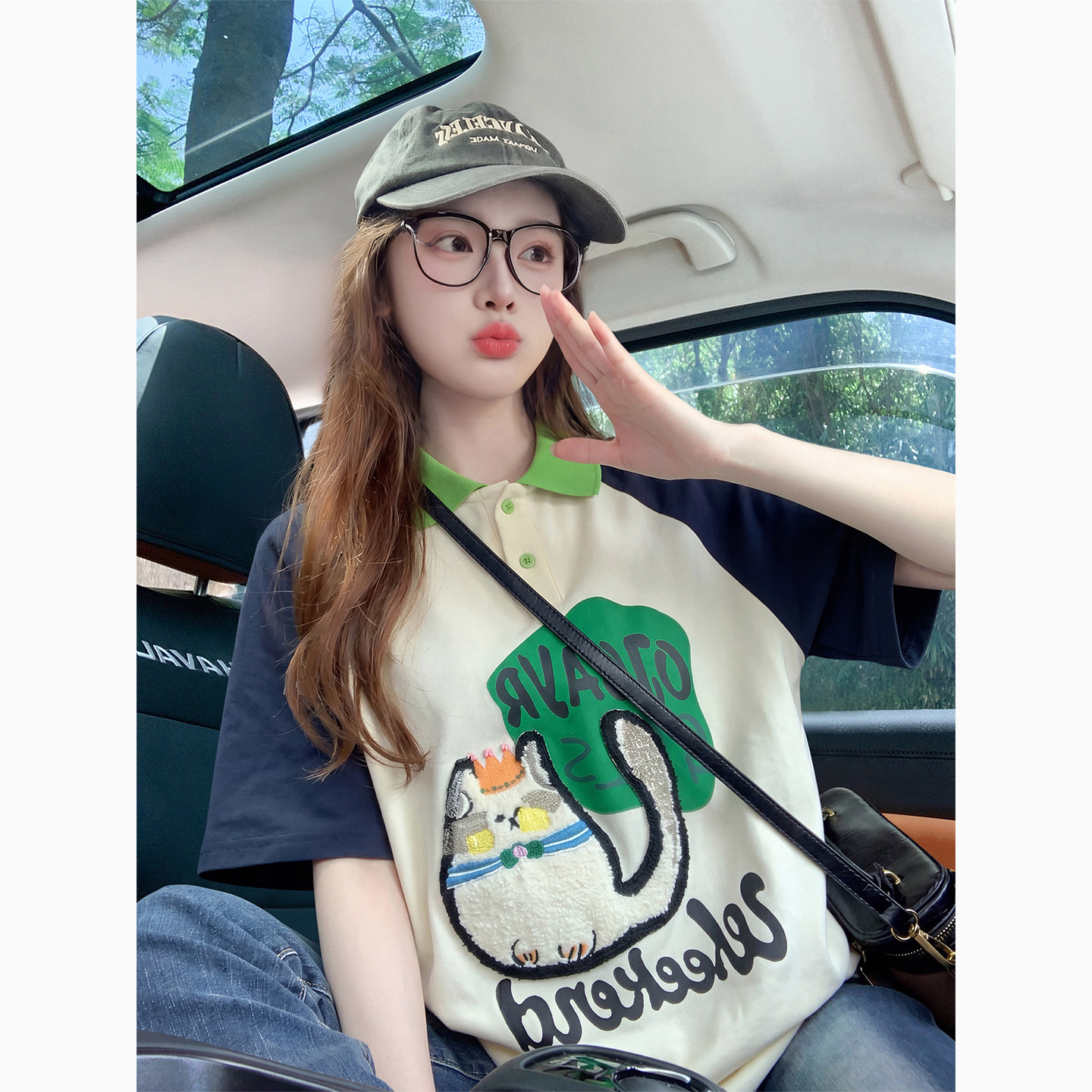 polo领插肩短袖t恤女夏季2026新款卡通刺绣美式学院设计感上衣女图片
