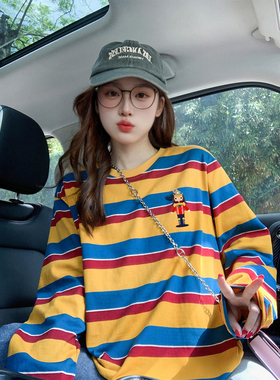 橙色条纹潮牌长袖t恤女早秋2025新款薄款慵懒风宽松防晒罩衫上衣