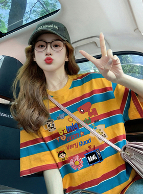 橙色条纹复古美式宽松短袖T恤女2026新款爆款显瘦韩版欧货大码ins
