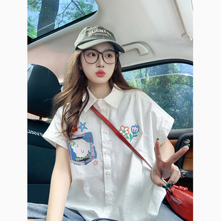 女夏季 衬衫 宽松慵懒风潮牌减龄情侣衬衣上衣 白色正肩短袖 2025新款