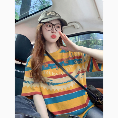 美式复古彩虹条纹短袖T恤女夏季2026新款设计感小众多巴胺上衣女
