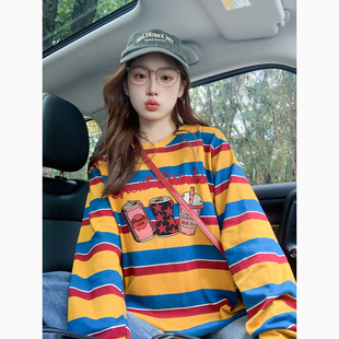 复古潮牌橙色条纹长袖t恤女早秋宽松慵懒风小众减龄情侣可爱上衣