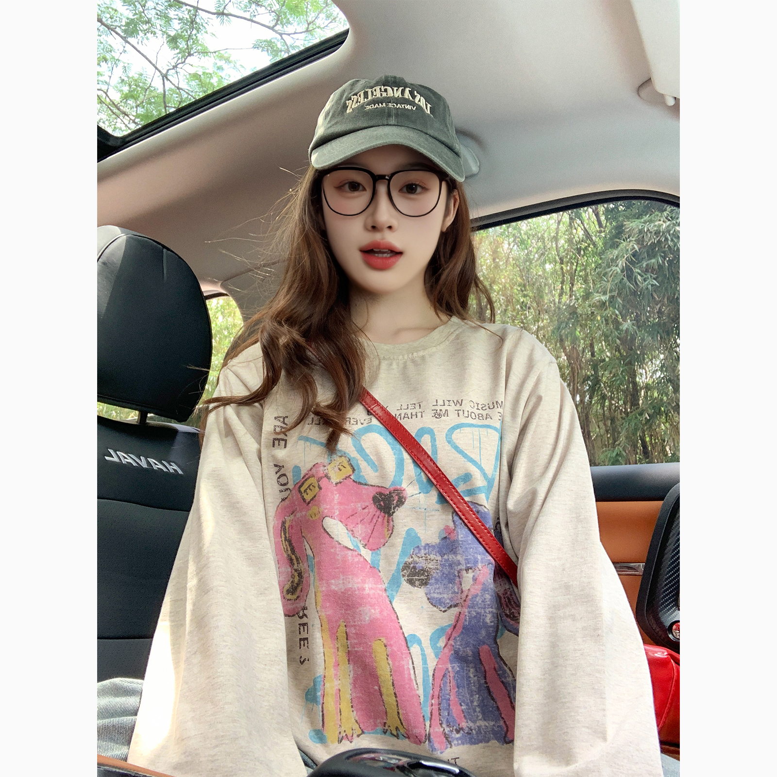 小众复古卡通印花潮牌长袖t恤女秋季2025新款宽松慵懒风减龄上衣