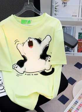 3D立体绿色多巴胺穿搭小猫情侣装宽松短袖T恤女夏季潮牌半袖体恤