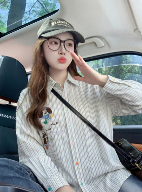 蓝色条纹衬衫女设计感小众2026早春新款卡通印花美式宽松上衣外套